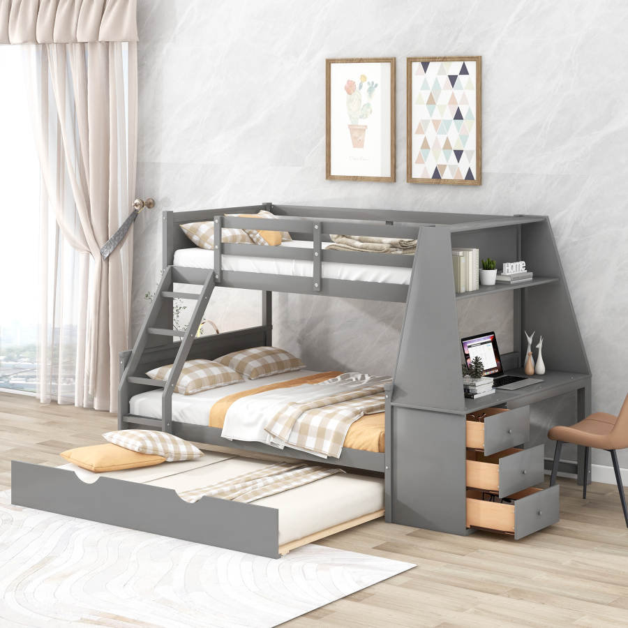 🎄Store Closing Sale💖High-quality materials Twin over Full Bunk Bed Three Storage Drawers and Shelf